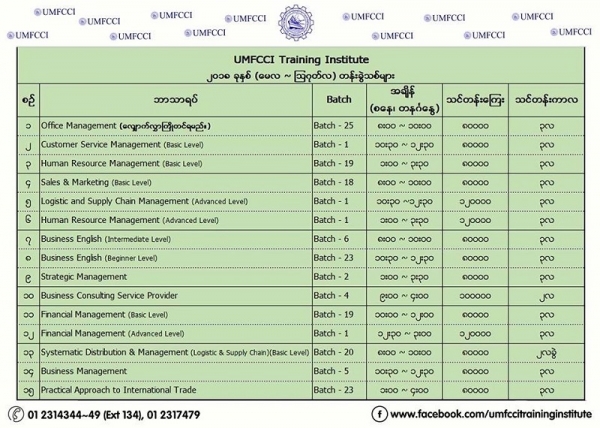 UMFCCI Training Institute မွ ၁၉.၀၅.၂၀၁၈ တြင္ စတင္ဖြင့္လွစ္မည့္ သင္တန္းမ်ားအတြက္ ေလွ်ာက္လႊာမ်ားေခၚယူေနပါၿပီ