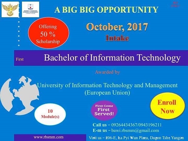 Bachelor of Information Technology (BIT) အတြက္ ၅၀% ပညာသင္ဆု ေပးအပ္မည္