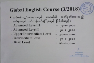 Global English သင္တန္းတက္ခြင့္ရသူမ်ား ၂၇ ရက္ေန႕ ေၾကျငာမည္